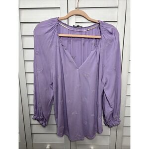 Wit & Wisdom Embroidered Balloon Sleeve V-Neck Top Size Large Lavender